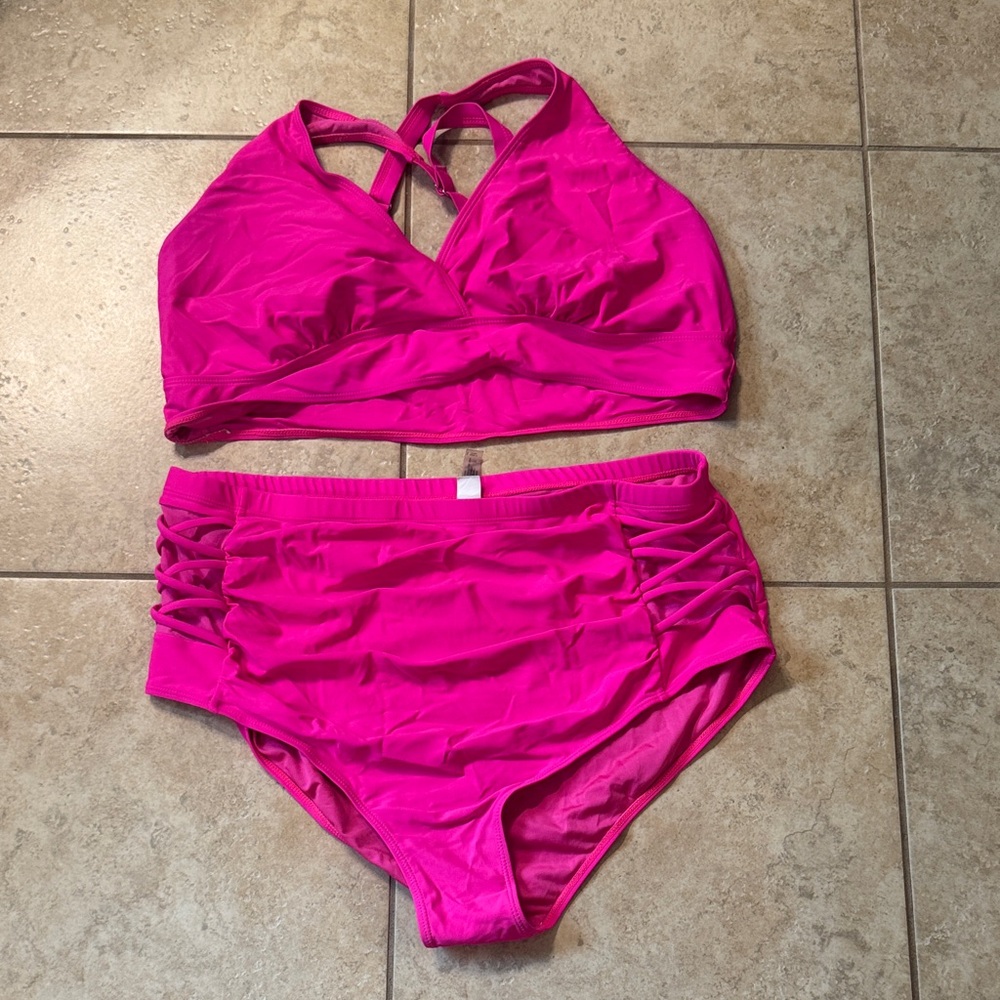 💕 Neon Pink 22W High Waist Swimsuit